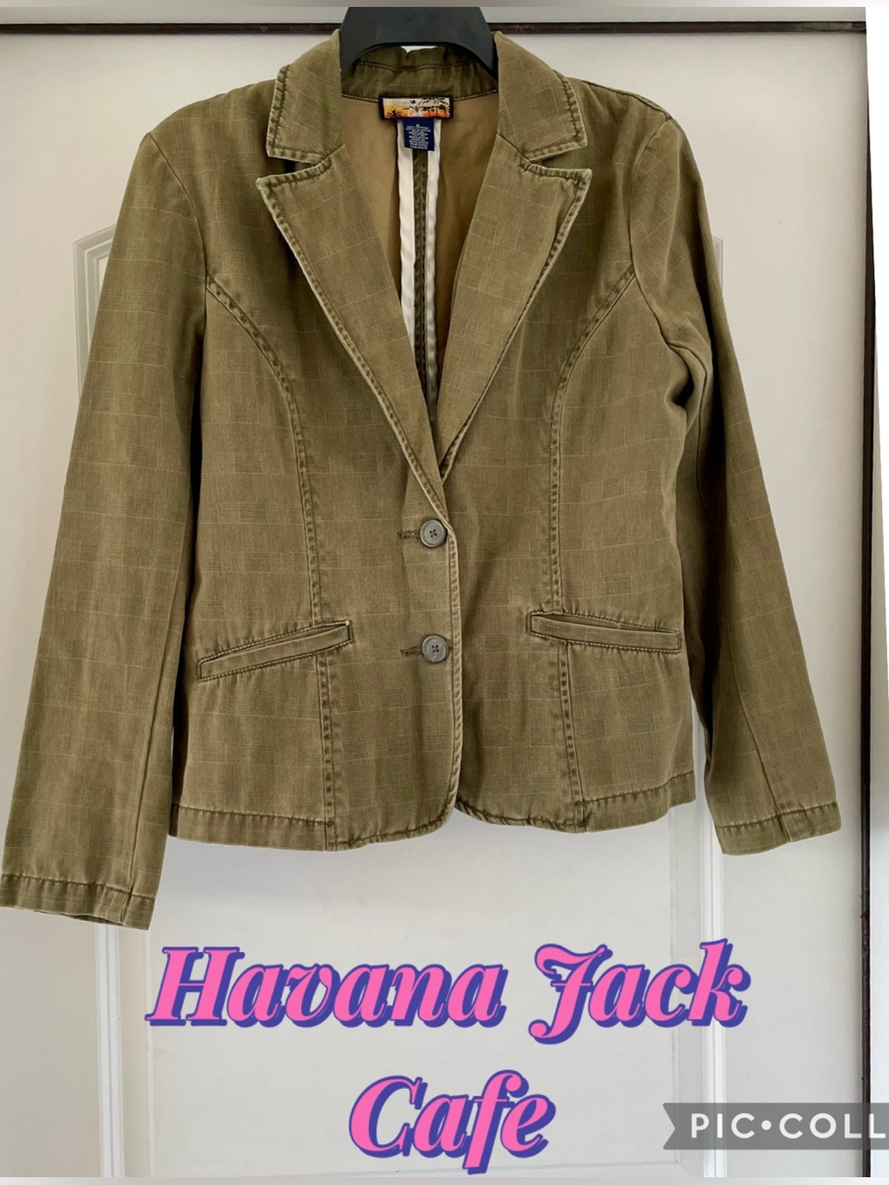 Havana Jack's Cafe olive green jacket W A check design, button closure Ladies 8
